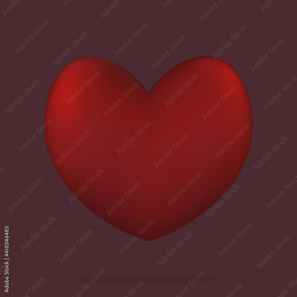 Heart. Three-dimensional shape. The floating heart casts a shadow. Color vector illustrations. Isolated burgundy background. Valentines Day. A symbol of lovers. An idea for a web design, banner.