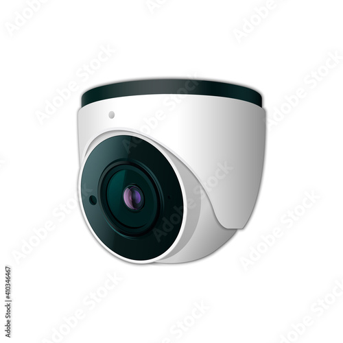 Digital security camera or CCTV spy home. Realistic camera isolated on white. Concept of safety control, crime protect. Stock vector illustration. Eps 10.