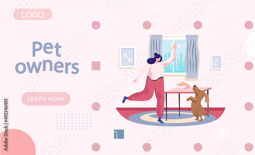 Pet owners landing page template. Happy woman playing with dog, funny girl jumping training puppy feeding him with appetizing bone. Female is having leisure spend time with domestic animal cute doggy
