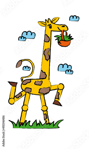Giraffe mit Graskorb im Maul und Wolken Tier Illustration