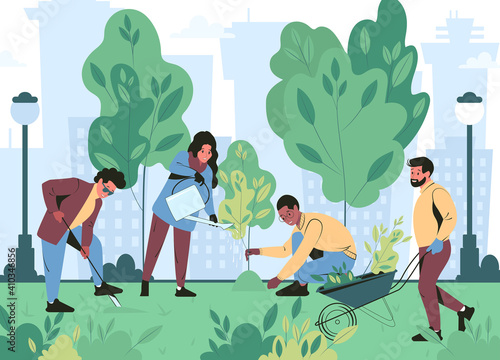 Young people are planting trees in the park. Volunteer work on greening the city in the spring. Flat vector illustration