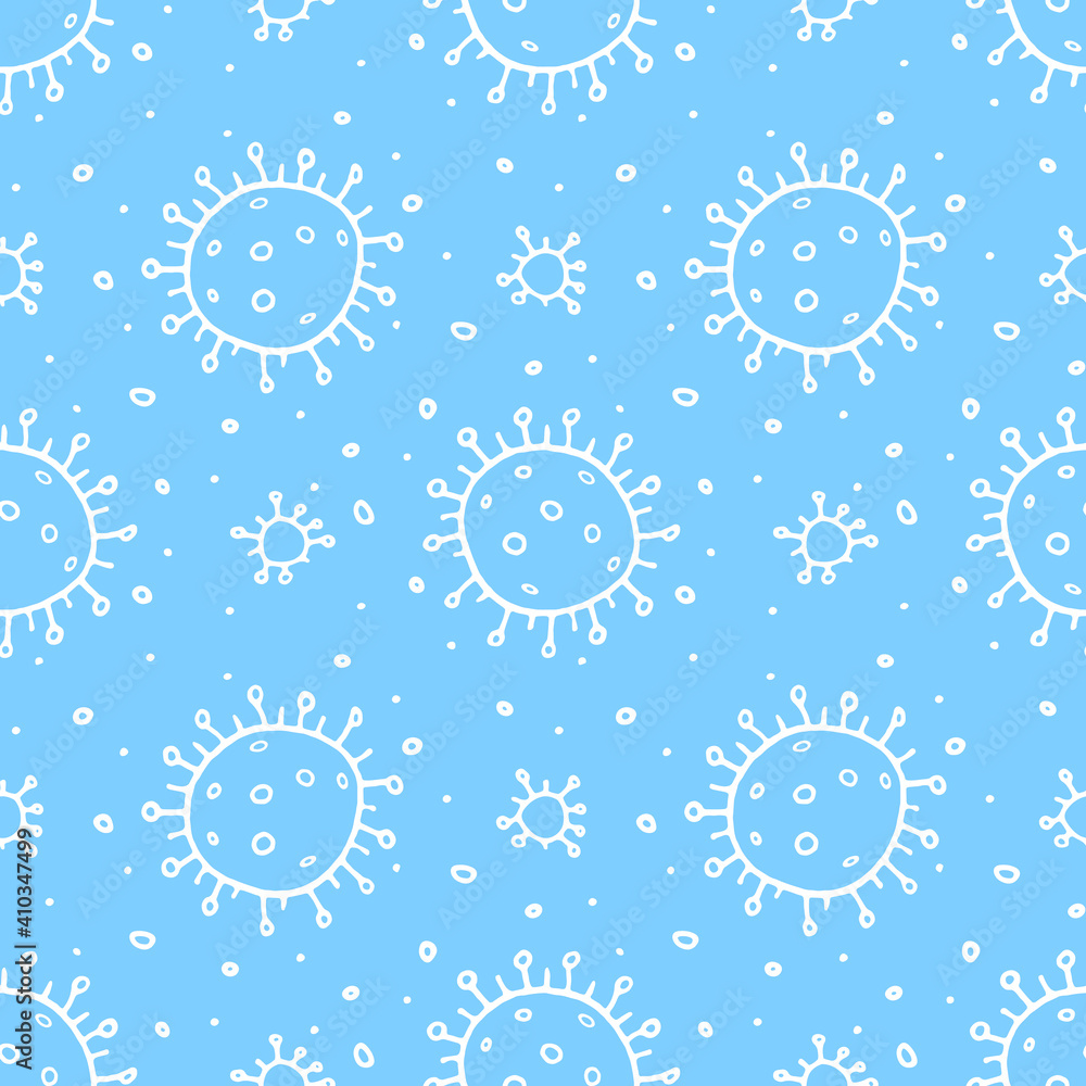 Seamless pattern of molecules, cells of virus, bacteria. Pandemic, epidemic covid-19. Concept of quarantine coronavirus, vaccination. Vector hand drawn background in outline doodle style isolated Seamless pattern of molecules, cells of virus, bacteria. Pandemic, epidemic covid-19. Concept of quarantine coronavirus, vaccination. Vector hand drawn background in outline doodle style isolated