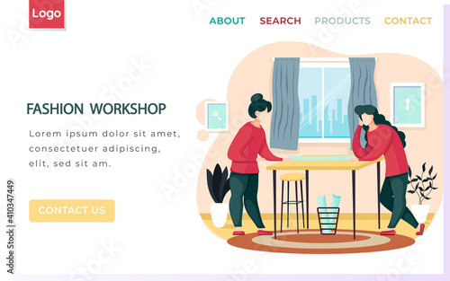 Fashion workshop landing page template designers making model. Dressmakers confer near table and looking at clothes pattern. Sewing workshop, atelier, custom clothing. Manufacture of handmade clothes