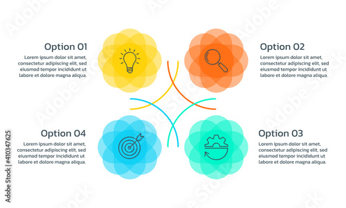 Infographic concept with 4 steps, part or options. Business layout template with four abstract circles. Presentation, process, timeline info graphic design elements. Vector illustration.