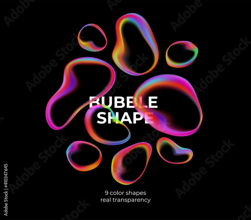 Full color trendy transparent bubbles on black background. Vector illustration
