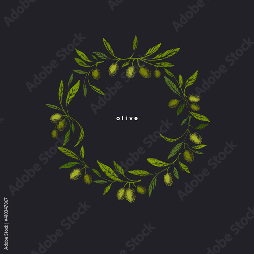 Olives wreath. Vector engraved branch in circle