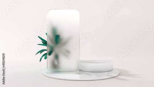 Frosted glass frame of a phone template application on podium. 3D Illustration