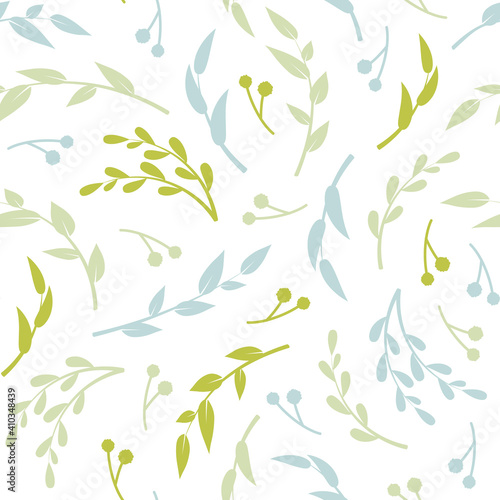 Floral vector seamless pattern. Blue and green leaves on white background. Abstract floral pattern. Vector illustration. Simple design for fabric, wallpaper, scrapbooking, textile, wrapping pape