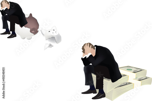 desperate depressed person sitting over pile of currency
