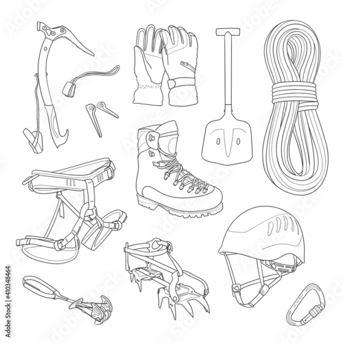 Mountaineering equipment set. Harness, rope, helmet, crampons, ice ax, and more objects. Vector illustration. 