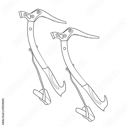 Ice axe. Vector illustration. Black and white technical drawing