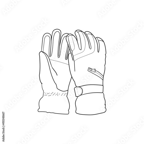 Mountaineering gloves. Vector illustration. Black and white technical drawing