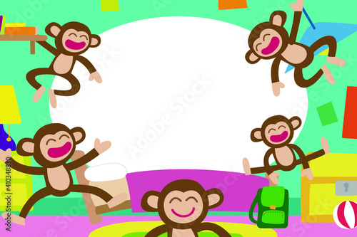 Five little monkeys in the room. Photo Frame For Kids. Vector illustrator
