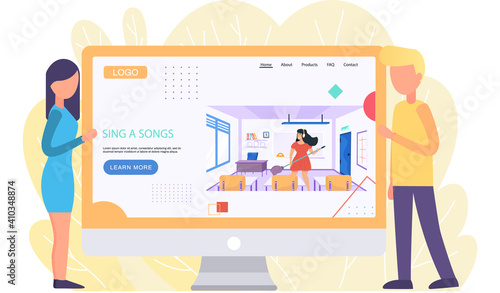 Colleagues discuss musician with headphones imagining guitar and playing in class on screen. Website about song singing. Couple looking at monitor depicting girl cleaning at school and playing music