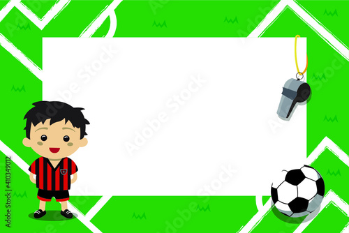 Children photo frame with football player. Vector illustration for kids