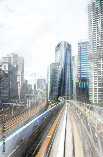 Monorail in Tokyo. Skyscrapers  urban landscape