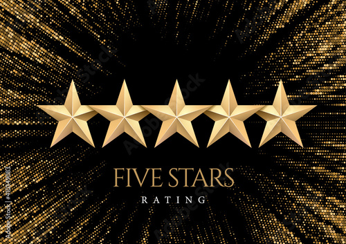 Five gold Stars. Rating or quality symbol. Against the backdrop of a stylish flash of gold sparkling from the center on a black background. Poster template.Vector illustration