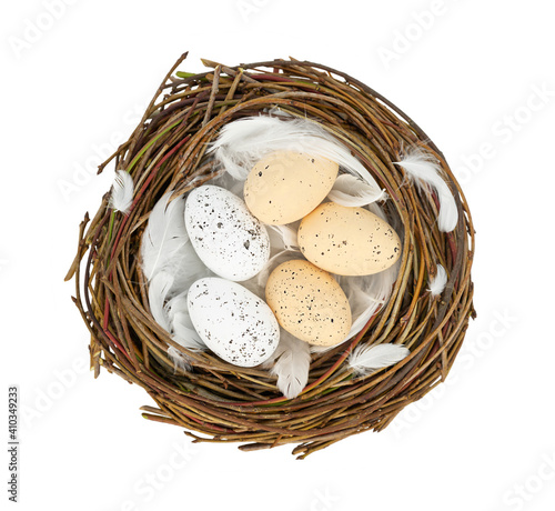 Easter eggs in bird's nest isolated on white background