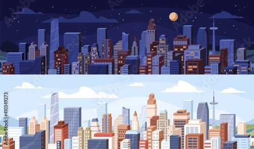 Cityscape at day and night time. City panoramic view with roofs of skyscrapers buildings at midday and midnight. Colored flat vector illustration of daytime and nighttime in modern downtown