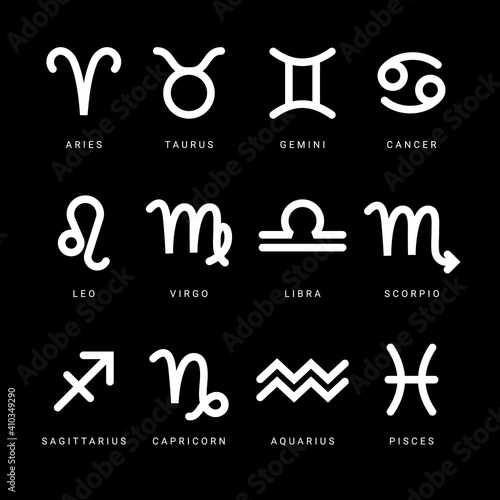 Zodiac sign. Astrological symbols of the twelve zodiacal constellations isolated on black background. Vector illustration