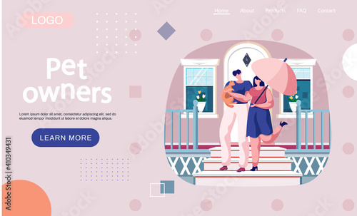 Couple pet owners holding ginger cat on hands going down steps. Happy people walking with kitten and umbrella outdoor. Man and woman are having leisure spend time with domestic animal cute kitty