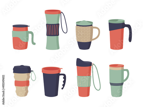 Reusable cups, tumblers and thermo mug with cover. Set of thermos for take away coffee. Zero waste. Vector illustrations in flat cartoon style isolated on white background