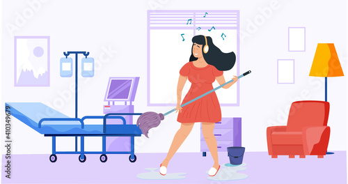 Girl with headphones washes. Musician imagines guitar and plays in hospital. Woman plays mop like guitar in medical institution. Person creates music. Female character performs songs and cleans floor