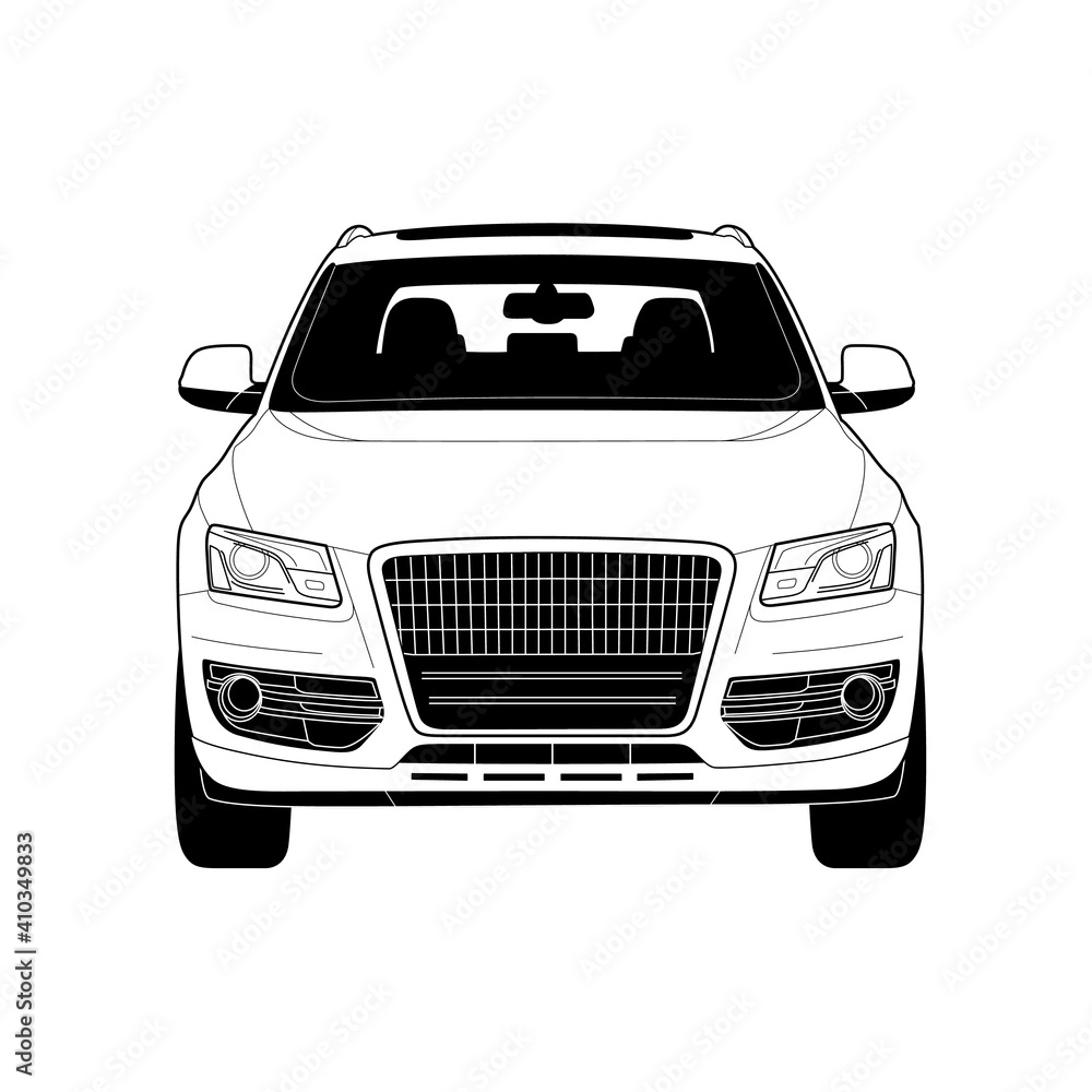 Four-wheel drive in technical drawing. Front view. Vector illustration.