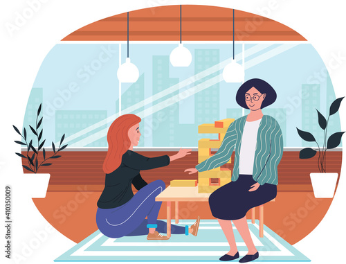 Women playing jenga at home cartoon vector illustration cozy living room atmosphere in evening. Daughter and mother friendly family or good friends spend time together with logic game on weekend
