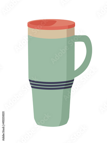 Reusable cup, thermo mug with cover. Cute hand drawn Thermos for take away coffee. Zero waste. Vector illustration in flat cartoon style isolated on white background