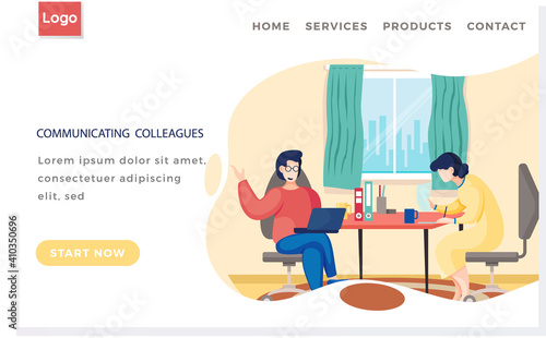 Person uses laptop and works. Communication, discussion concept. Colleagues at meeting at work. Girl makes notes on paper. Employees in office at business meeting discussing job vector illustration