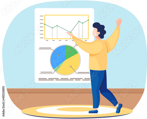 Man preparing to submit progress report. Character stands near charts and graphs with statistical data. Male joyfully raised his hands up happy with business result. Page with diagrams and explanation
