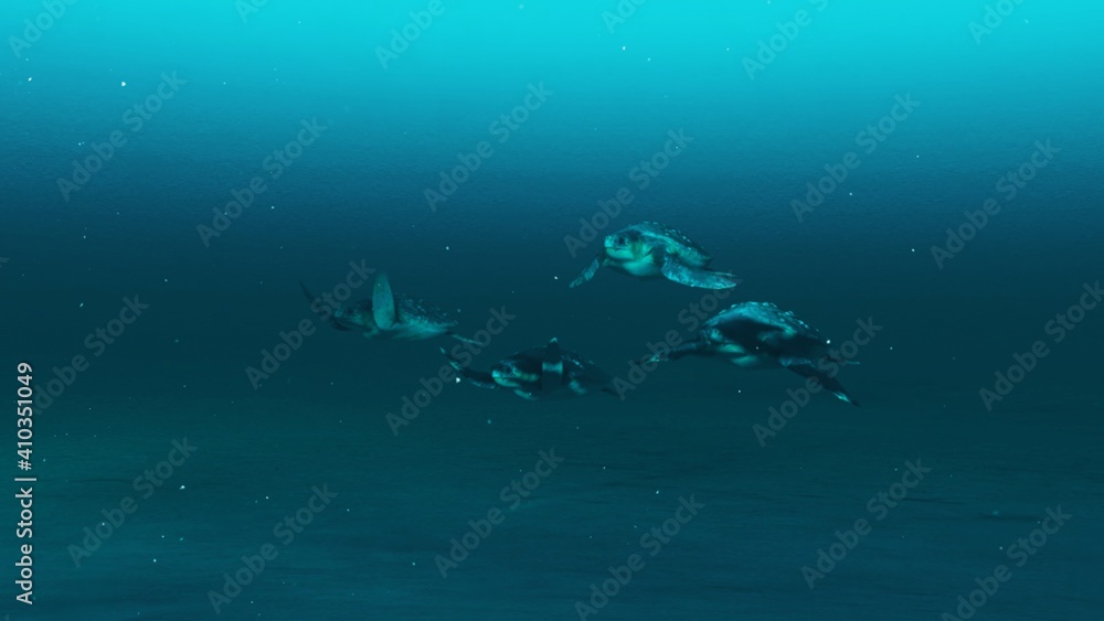 Group of tortoises swimming in the deep blue ocean water, slow motion underwater scene of tortoises, Beauty of sea life , 4K High Quality.3D render.