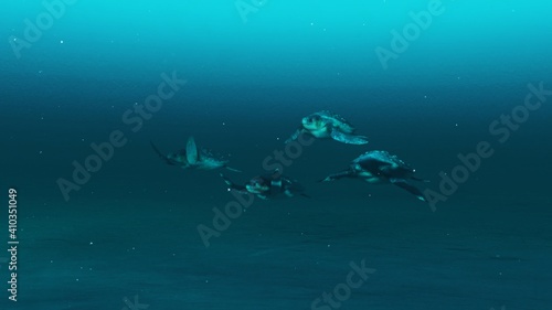 Group of tortoises swimming in the deep blue ocean water, slow motion underwater scene of tortoises, Beauty of sea life , 4K High Quality.3D render. © 💘♠ Aldrick ♠💘