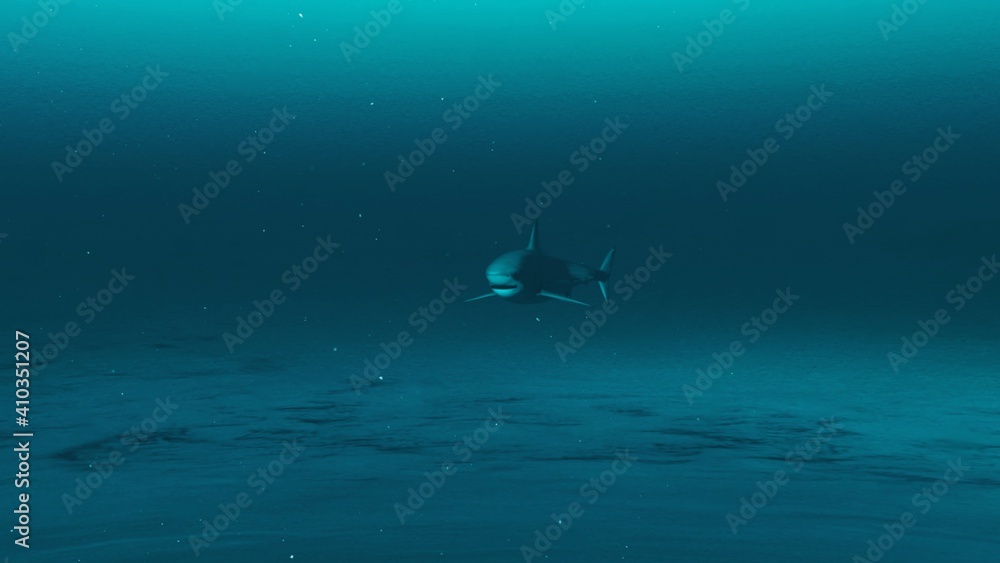 A Great white shark swimming in the deep blue ocean water, underwater scene of white shark, Beauty of sea life , 4K High Quality, 3d render