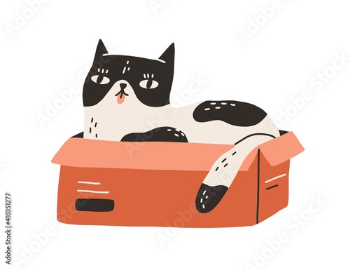 Cute and funny cat lying inside cardboard box with tongue out isolated on white background. Adorable spotted black and white kitty sitting in carton. Hand drawn colored flat vector illustration