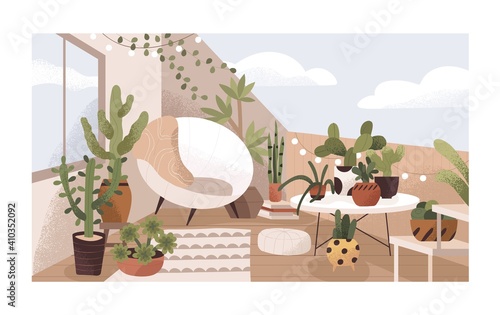 Lounge terrace or balcony garden with plants and furniture. Modern eco-style interior decorated with greenery, potted cactuses, cozy chair and bulbs. Colored flat textured vector illustration
