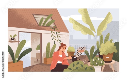 Woman watering plants at home balcony garden with greenery. Modern trendy eco-style interior of terrace with houseplants in pots or planters. Colored flat textured vector illustration