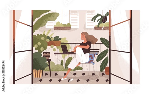 Woman working or relaxing with laptop at home balcony garden with furniture and potted plants. Modern trendy eco-style interior with greenery. Colored flat textured vector illustration