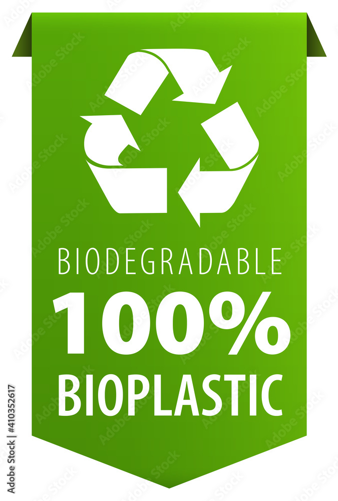 Biodegradable 100 percent Bioplastic text and Recycle logo symbol green tag ribbon banner icon isolated on white background. Biodegradable 100 percent Bioplastic text and Recycle logo symbol green tag ribbon banner icon isolated on white background.