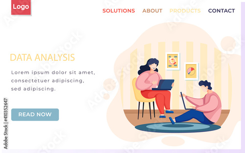 Data analysis landing page template people sitting with laptop. Businessman and woman working in home office. Guy and girl freelancer serfing in internet performs work or studying on computer remotely