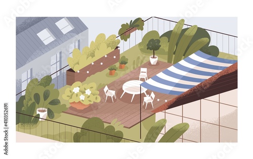 Terrace or balcony garden with plants and furniture. Modern cozy eco-style interior with greenery, flowers, sunshade, table and chairs at top of roof. Colorful flat textured vector illustration