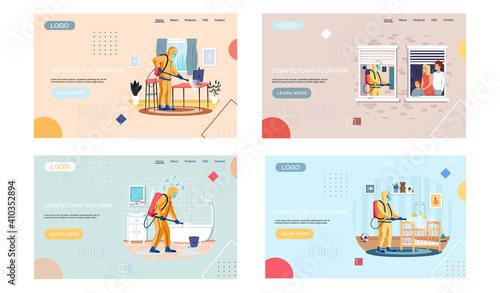 Disinfection in your home set of landing page temlate with sanitary worker disinfects living room to kill viruses and bacteria. Male character in protective suit sprays room with disinfectant solute
