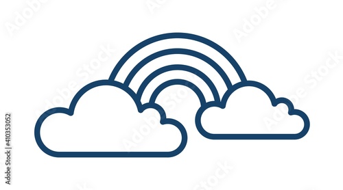 Simple weather icon with rainbow between two clouds. Contoured monochrome arc in line art style. Meteorology sign. Graphic linear flat vector illustration isolated on white background