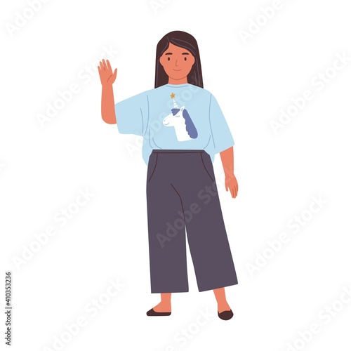 Smiling girl with friendly face waving hand and saying hi or bye. Happy kid gesturing hello or goodbye. Child standing in t-shirt and pants. Flat vector illustration isolated on white background