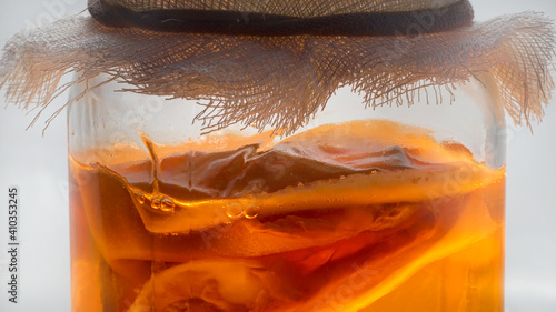 Close-up of kombucha used to make sweet tea. To Make Kombucha Tea at Home.