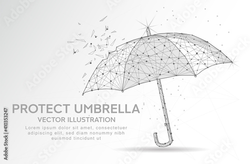 Protect umbrella digitally drawn low poly wire frame on white background.