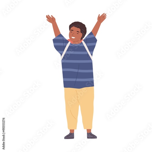 Positive smiling schoolboy with hands raised up. Happy African American boy standing with school bag. Funny joyful kid. Colored flat vector illustration isolated on white background