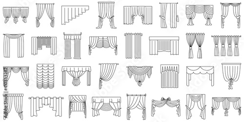 Curtains for window, doorway, theater stage. Set of vector icons in outline style isolated on white. Various curtain options for narrow and wide windows. photo
