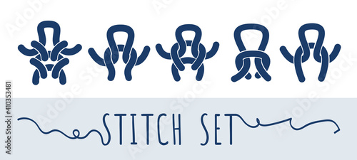 Knitting and needlework loops icon set isolated vector illustration in line style. Yarn and knitting needle loops symbols. Outline knitting loops sign collection on white background.